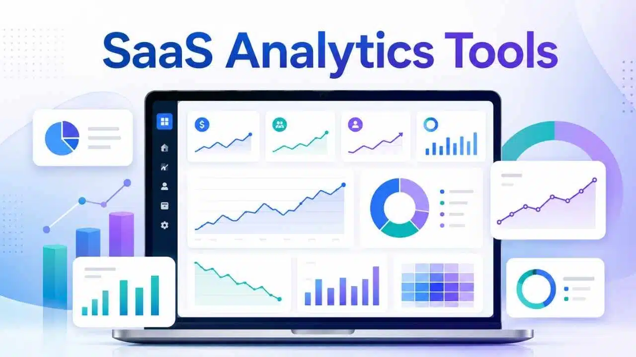 SaaS Analytics Tools dashboard showing subscription metrics, growth charts, user trends, revenue data, and performance insights.