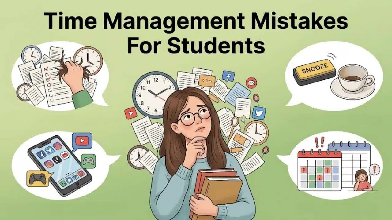 Time management mistakes for students, including procrastination, social media distractions, oversleeping, and poor scheduling