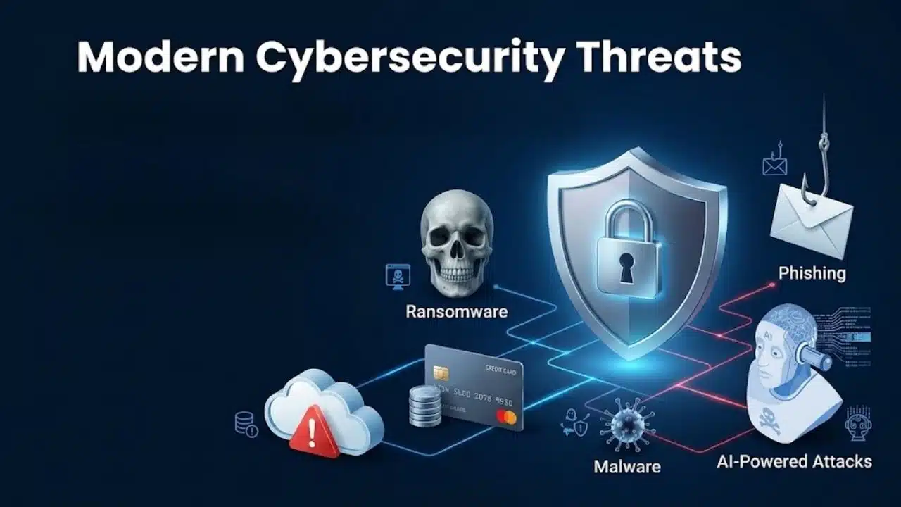 Modern Cybersecurity Threats infographic showing ransomware, phishing, malware, AI attacks, and cloud security.