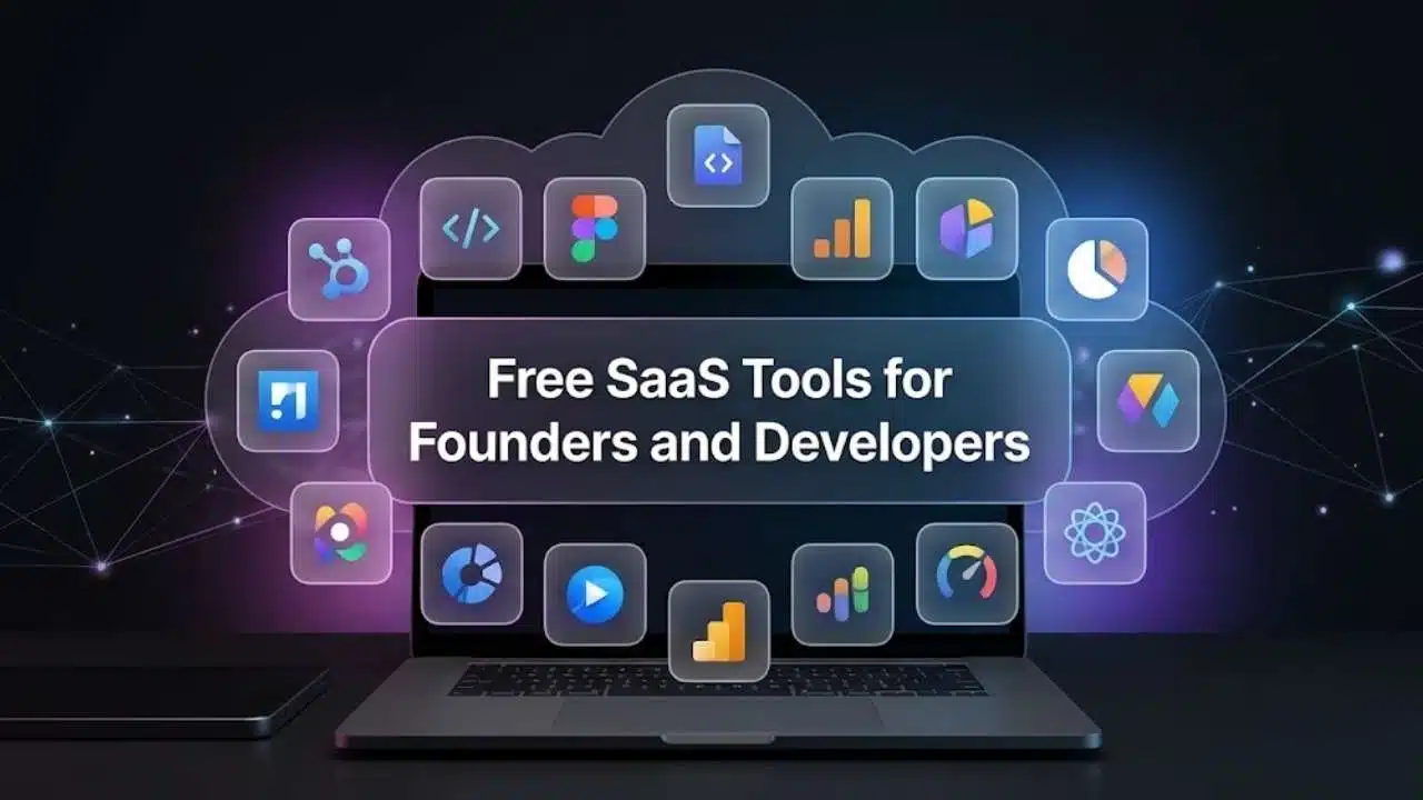 A collection of colorful tech icons representing free SaaS tools for founders and developers surrounds a laptop on a glowing background