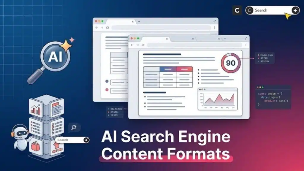 A visualization of optimal AI search engine content formats, including data tables, graphs, and structured lists on web pages, marked with a quality score