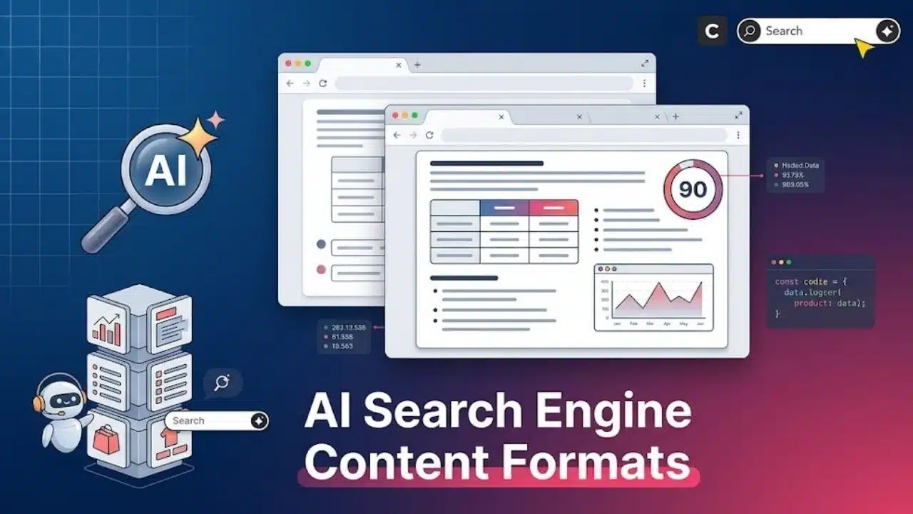 A visualization of optimal AI search engine content formats, including data tables, graphs, and structured lists on web pages, marked with a quality score
