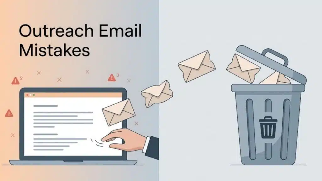 Outreach email mistakes infographic: emails flying from a laptop into a trash can.