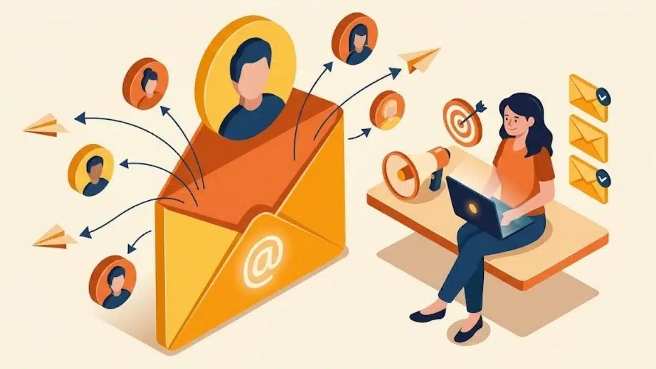 A woman uses a laptop and megaphone to generate targeted email signups into a large envelope with subscriber profiles, showing how to grow email signups without popups