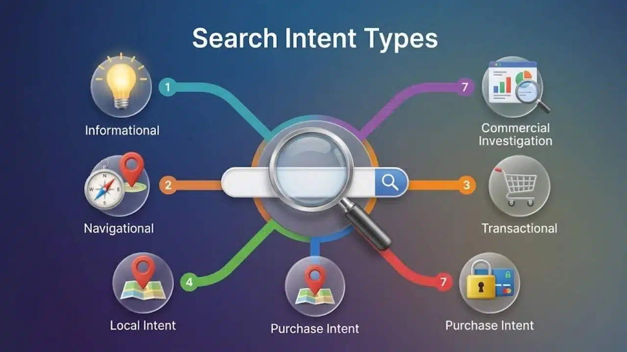An infographic illustrating seven common Search Intent Types: Informational, Navigational, Local, Commercial Investigation, Transactional, and two Purchase Intents