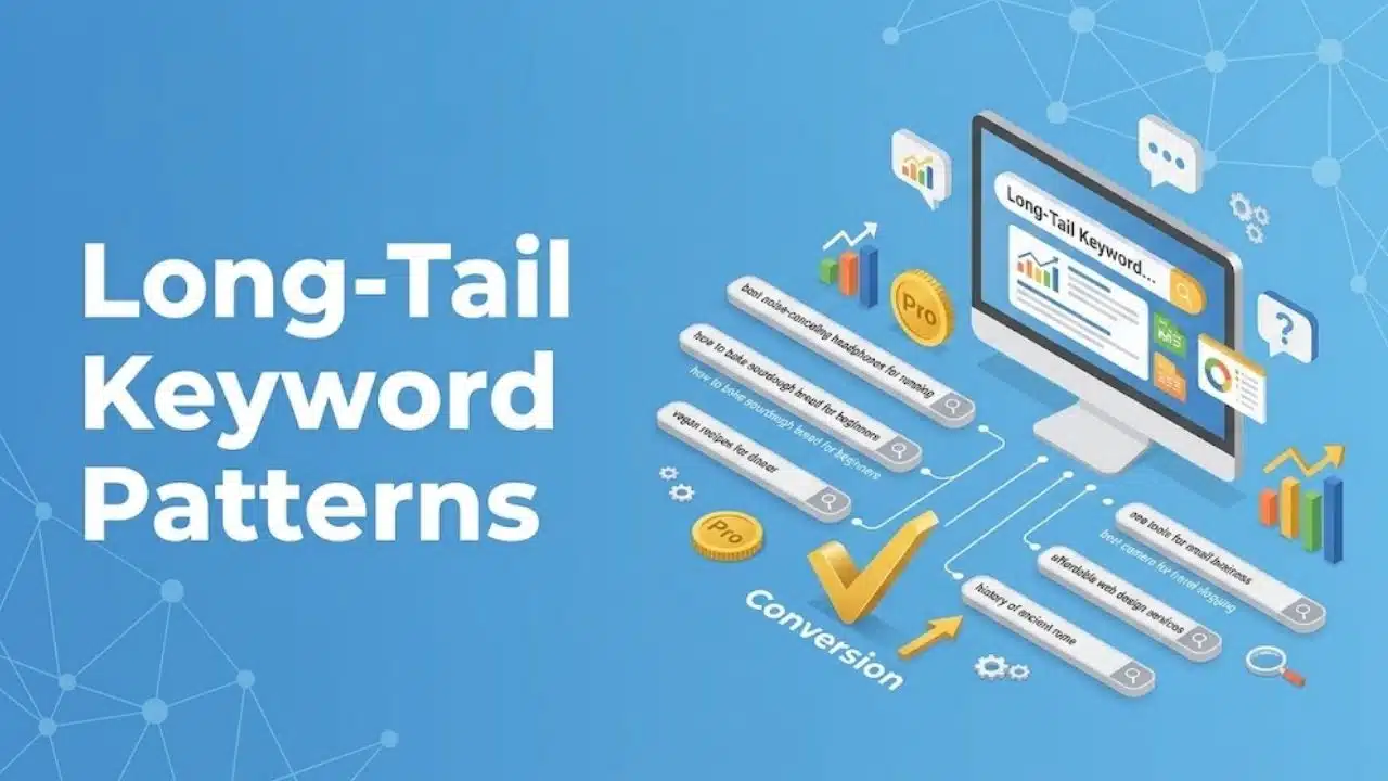An isometric infographic on a blue background displaying a computer with charts and multiple search bars with long-tail keywords leading to a conversion symbol