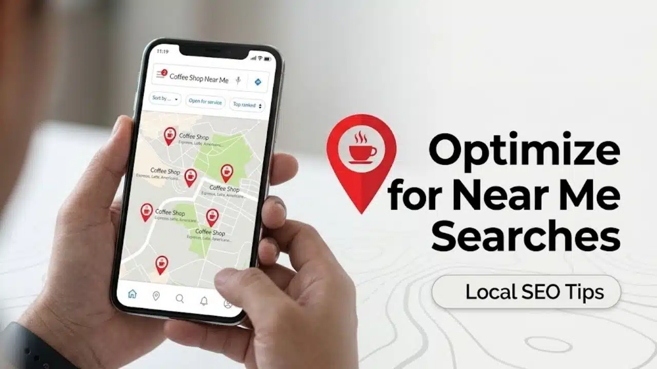 Optimize for Near Me Searches diagram showing a mobile map and Local SEO tips