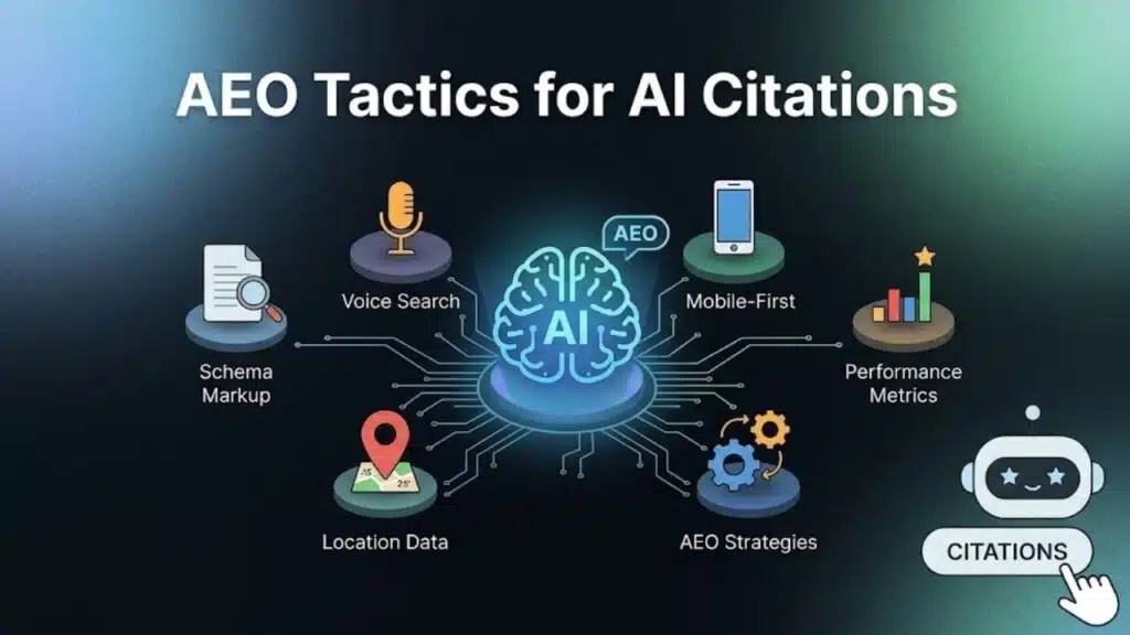 Diagram of main AEO tactics for AI citations showing schema markup, voice search, and AI performance metrics.