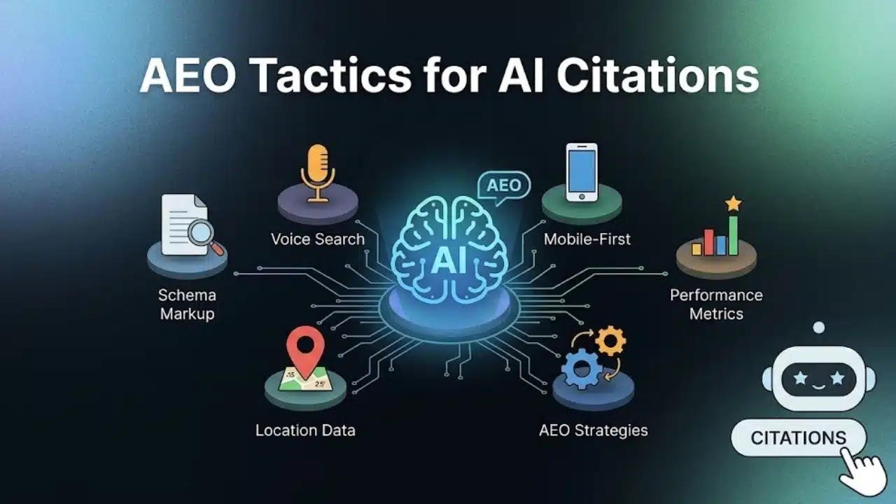 Diagram of main AEO tactics for AI citations showing schema markup, voice search, and AI performance metrics.