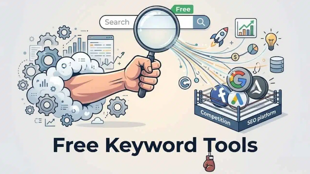 A hand holding a magnifying glass over digital icons representing free keyword tools and SEO competition