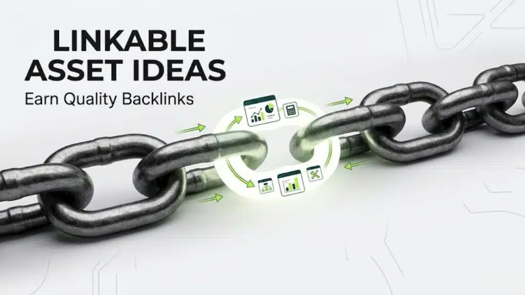 Visual guide of high-performing linkable asset types for an effective link building strategy to earn authoritative backlinks.