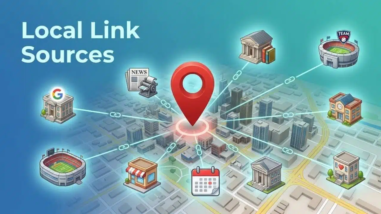 Illustrated city map showing local link sources connected to businesses, news outlets, schools, events, and community organizations