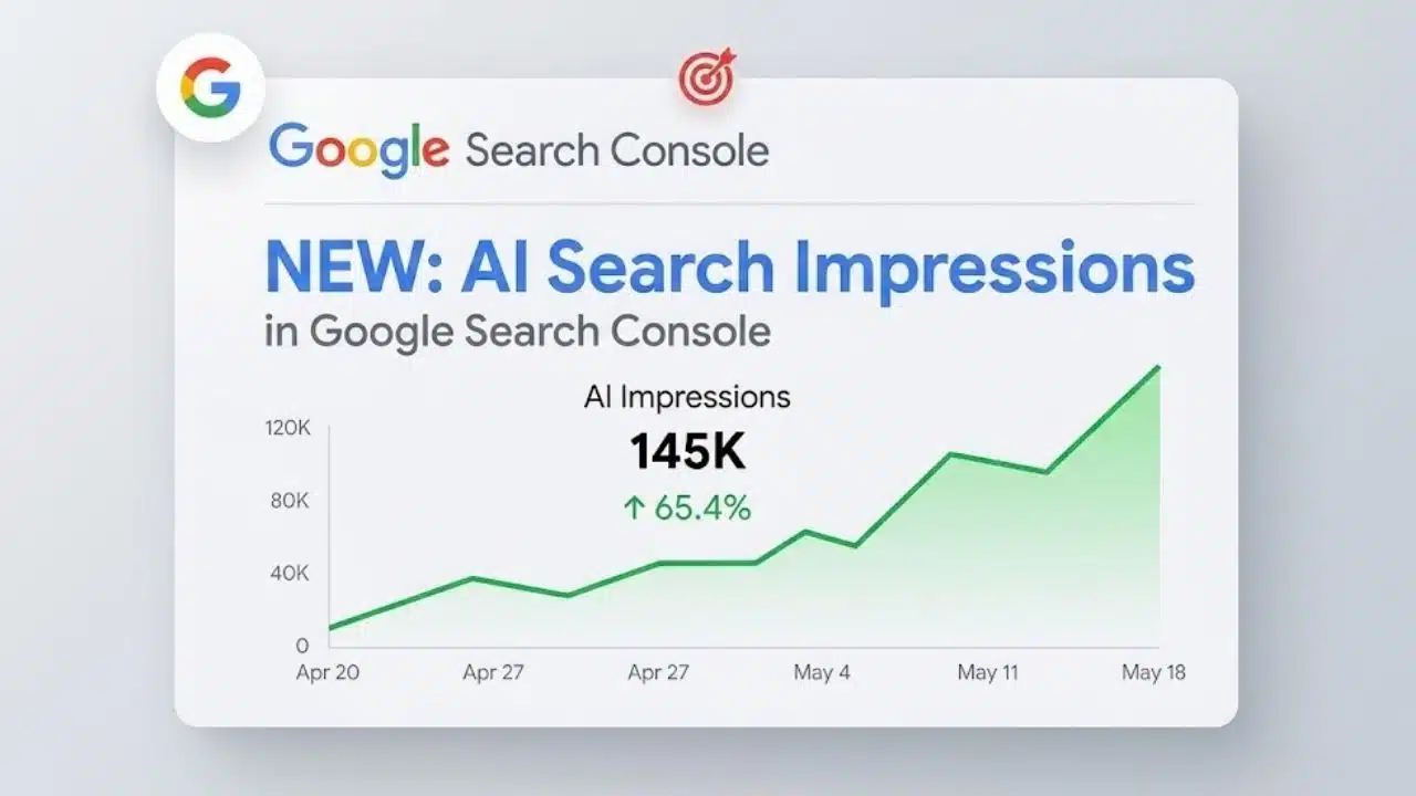 Search Console Reports dashboard showing rising AI search impressions and weekly visibility trends