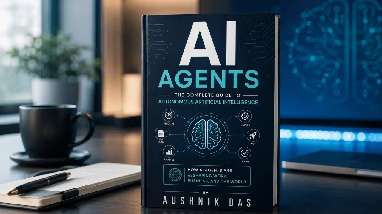 AI Agents book beside a tablet showing connected autonomous AI tools, helping readers visualize how agents plan and act.