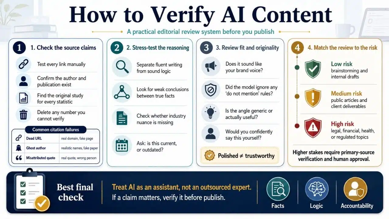 Infographic showing how to review AI generated content for source accuracy, logical reasoning, originality, and risk before publication.