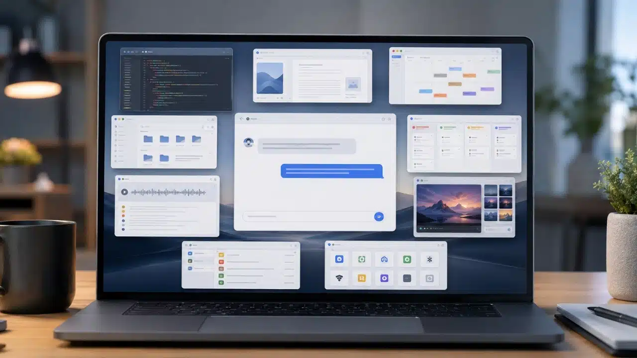 AI tool feature bloat shown through a crowded AI workspace filled with extra tools, illustrating how added features can complicate a simple interface.