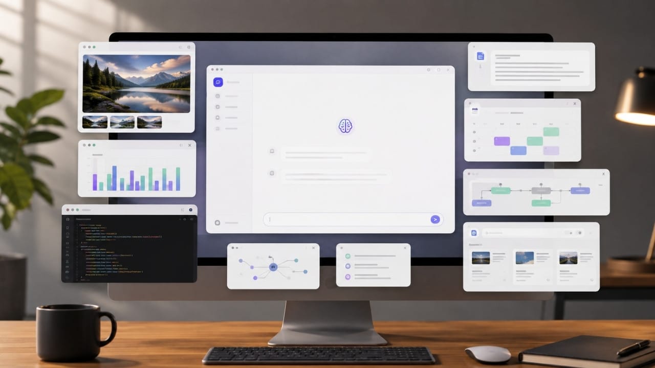 AI tool features bloat shown through a central AI workspace crowded by extra tools, helping viewers understand growing product complexity.