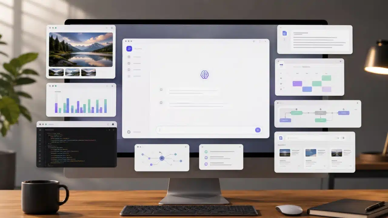 AI tool features bloat shown through a central AI workspace crowded by extra tools, helping viewers understand growing product complexity.