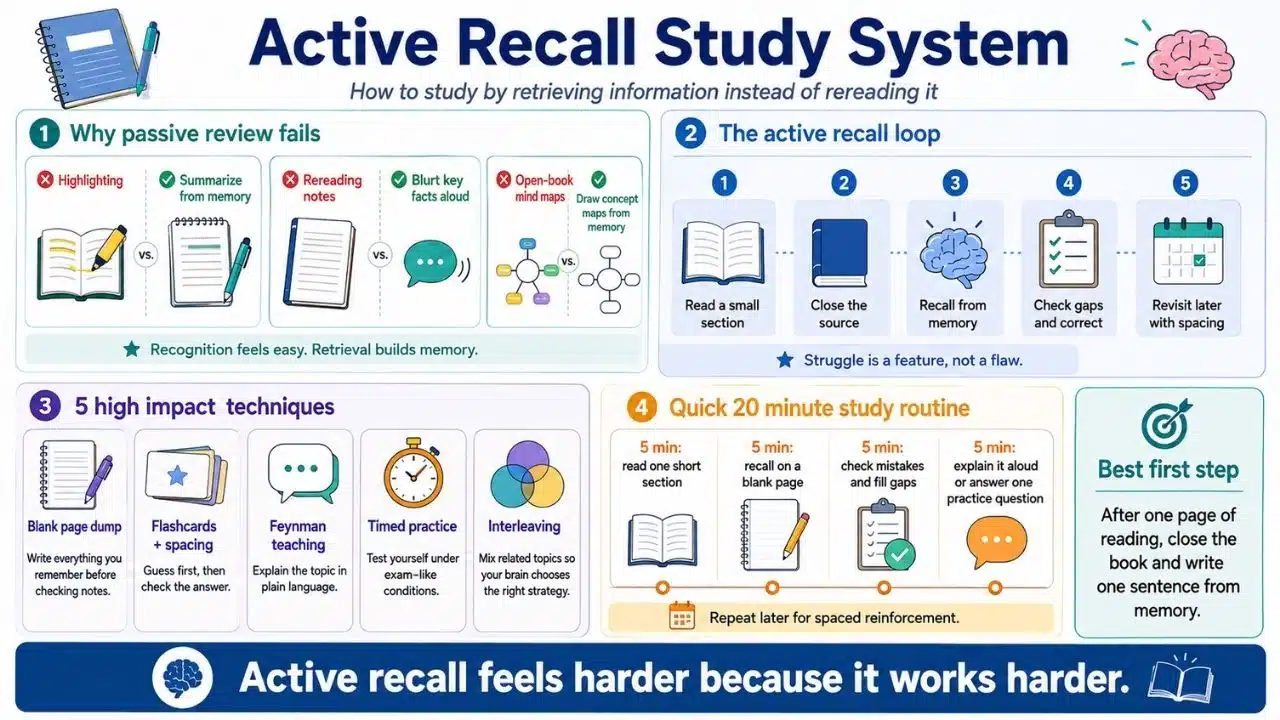 Infographic explaining the active recall study cycle, effective retrieval methods, passive study alternatives, and a simple 20 minute practice routine.