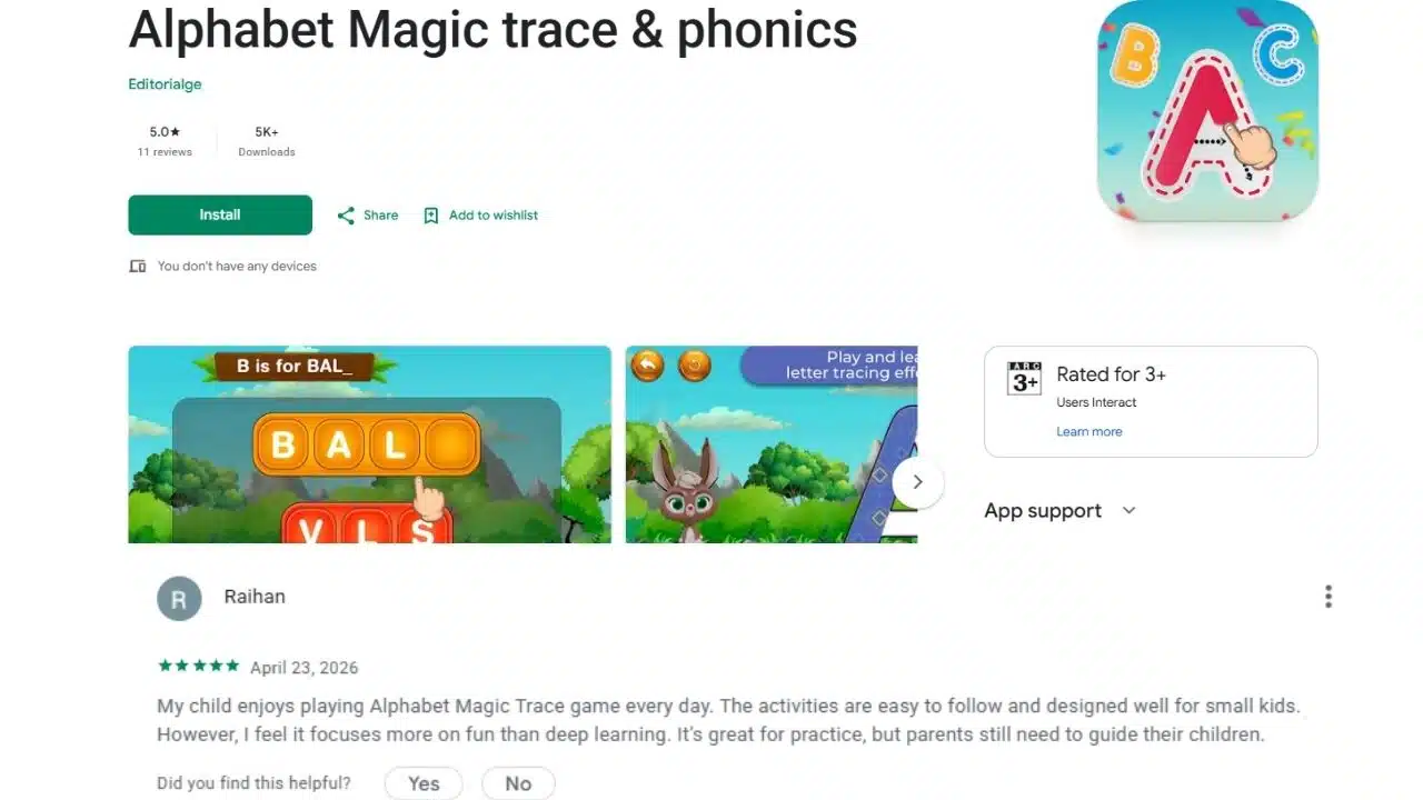 Alphabet Magic Trace and Phonics Age Rating with an User's Ratings Screenshot