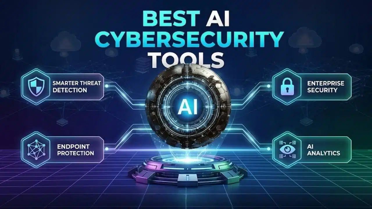 Best AI cybersecurity tools for smarter threat detection, endpoint protection, enterprise security, and AI analytics in a futuristic digital security graphic