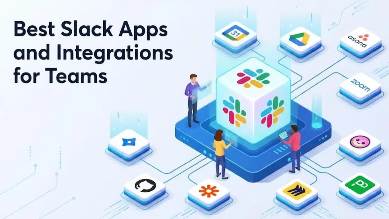 Option 2 (Directly matches the title, good for an image that strictly illustrates the text):Graphic illustration titled 'Best Slack Apps and Integrations for Teams' with app icons and users