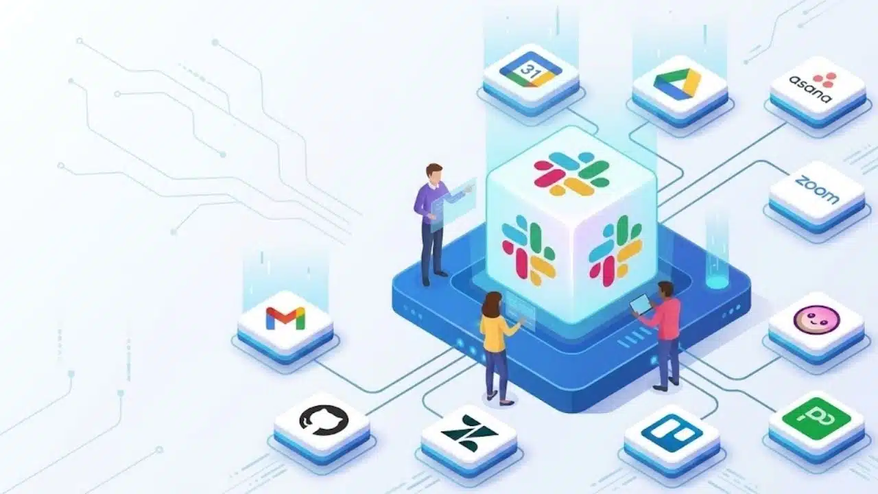 Option 2 (Directly matches the title, good for an image that strictly illustrates the text):Graphic illustration titled 'Best Slack Apps and Integrations for Teams' with app icons and users