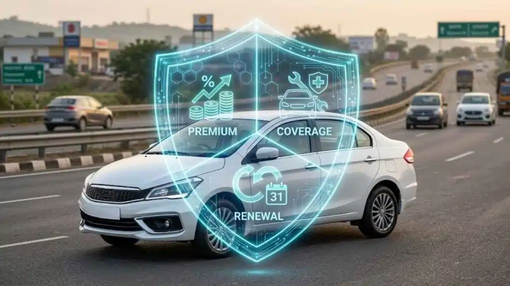 A white Car driving on an Indian highway with a glowing digital shield displaying premium, coverage, and renewal icons, representing car insurance in India.