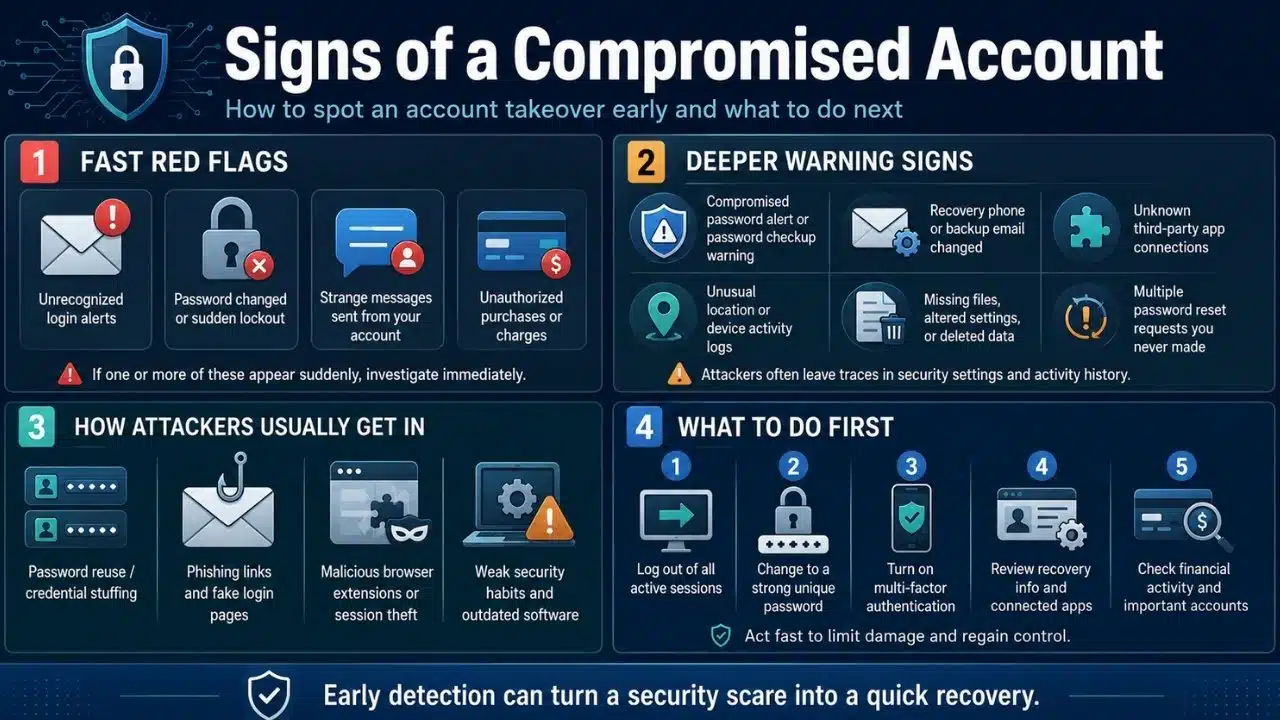 Infographic showing the main warning signs of a compromised account, how attackers gain access, and the first recovery steps to secure your profiles.
