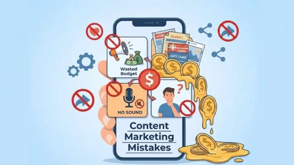 An infographic illustrating content marketing mistakes on a mobile screen, including wasted budget, no sound, and melting money.