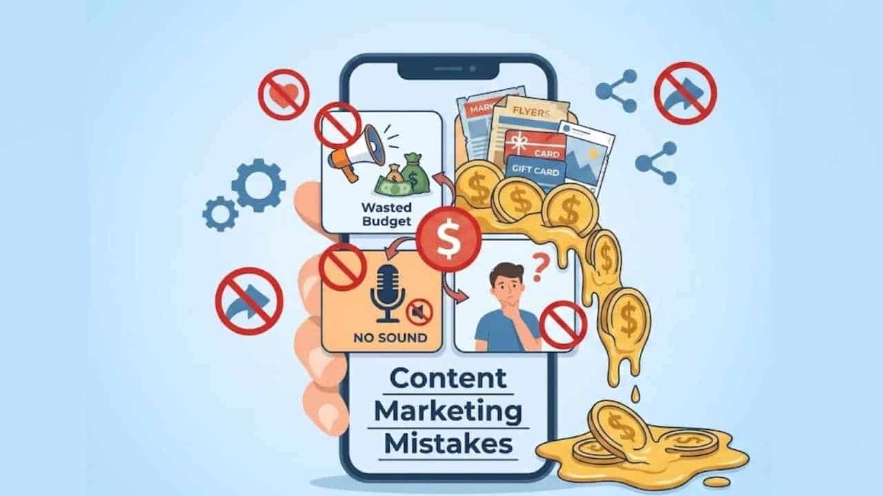 An infographic illustrating content marketing mistakes on a mobile screen, including wasted budget, no sound, and melting money.