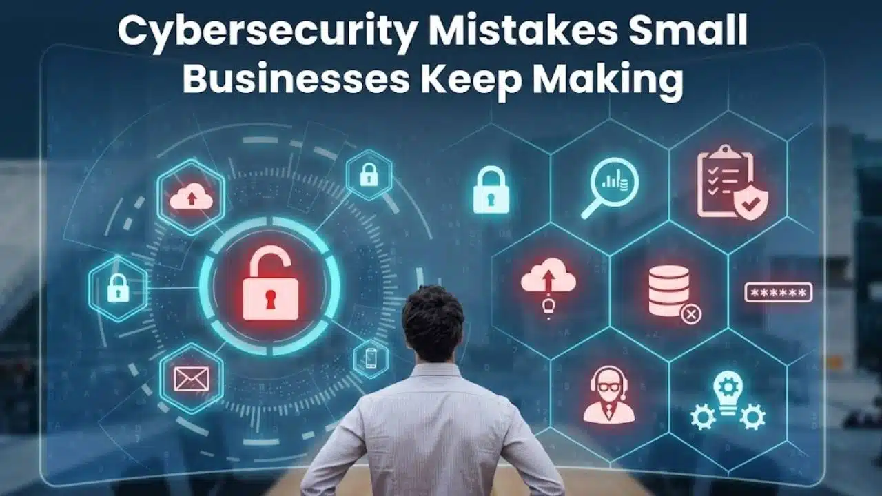 A man looks at a screen displaying various digital icons illustrating common cybersecurity mistakes small businesses keep making.