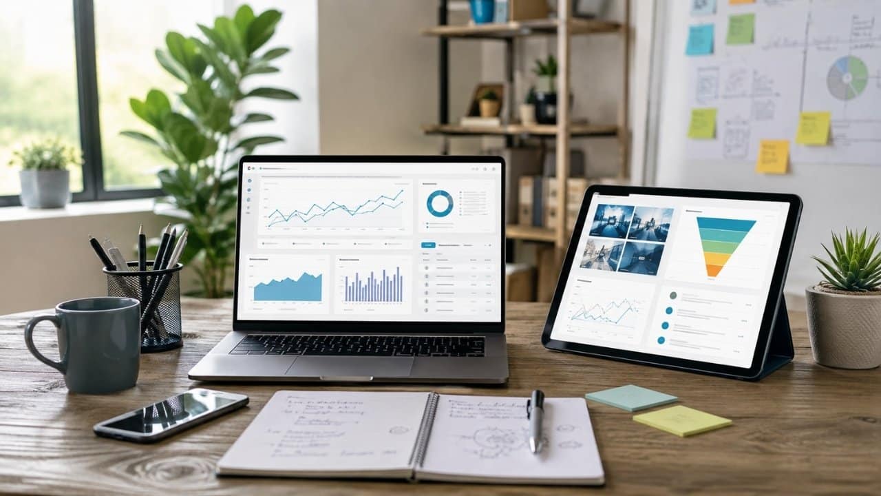 Digital marketing strategies for startups shown through analytics dashboards and campaign planning tools that help explain coordinated online growth.