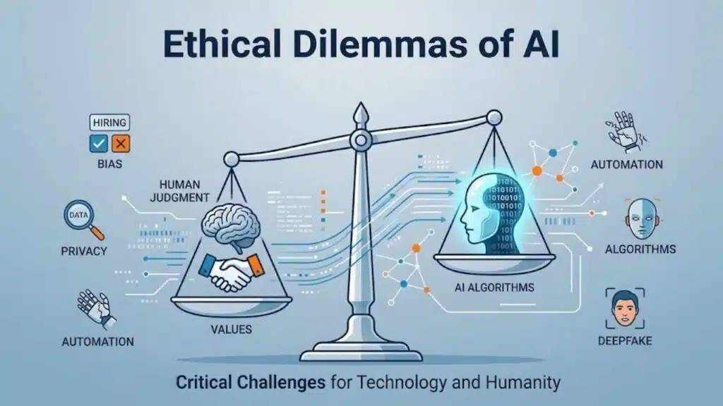 Ethical Dilemmas of AI: illustration showing AI ethics, algorithmic bias, data privacy, automation, human judgment, values, deepfakes, and the challenges AI creates for technology and humanity