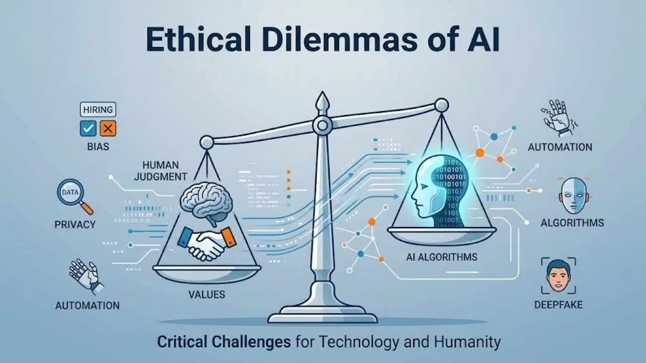 Ethical Dilemmas of AI: illustration showing AI ethics, algorithmic bias, data privacy, automation, human judgment, values, deepfakes, and the challenges AI creates for technology and humanity