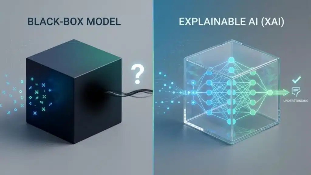 Diagram explaining the AI black-box problem versus transparent Explainable AI models.