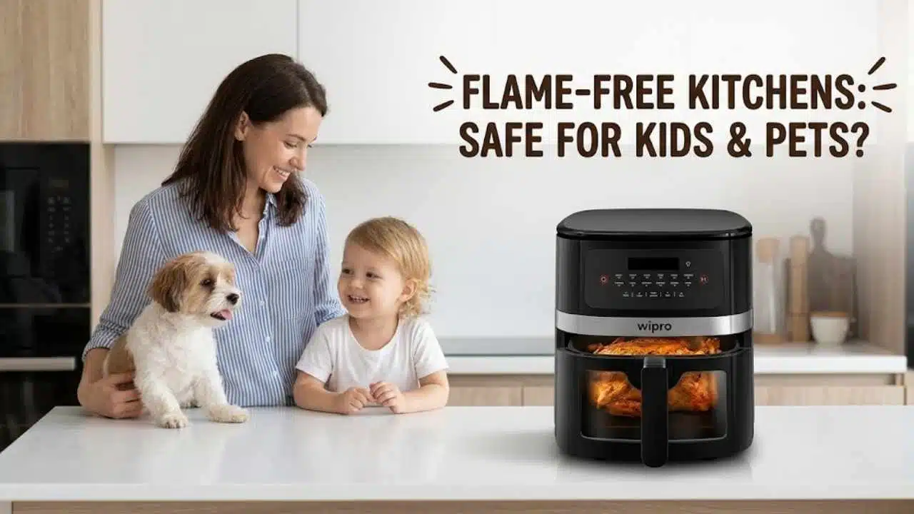 A mother, young child, and puppy sitting in a kitchen with a modern black air fryer by Wipro, which contains a roast chicken, illustrating a flame-free and safe cooking environment for children and pets.