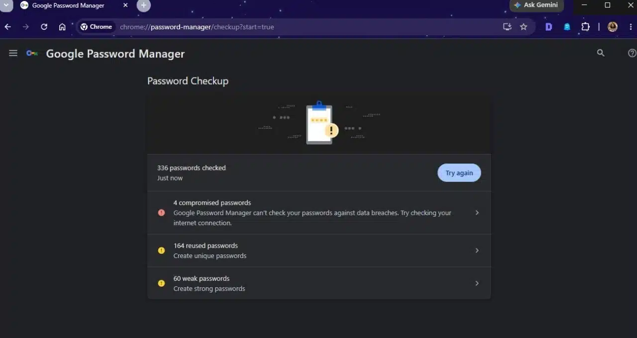 Google Password Manager Password Checkup showing compromised, reused, and weak passwords as possible signs of a compromised account.