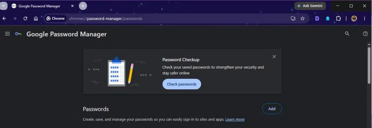 Google Password Manager showing the Password Checkup option used to scan saved passwords for compromised, reused, or weak credentials.