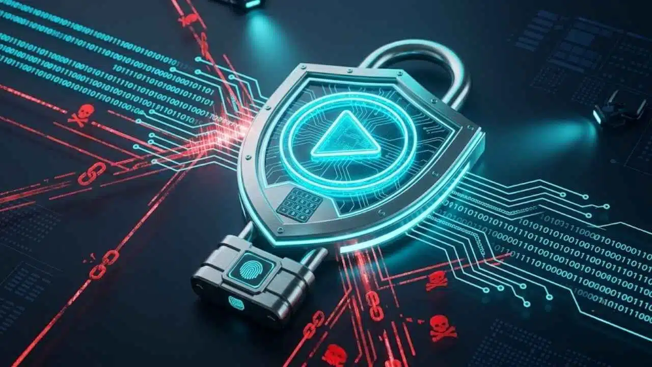 Digital padlock shield protecting a glowing video play button from red skull piracy symbols, illustrating VOD piracy content security measures.