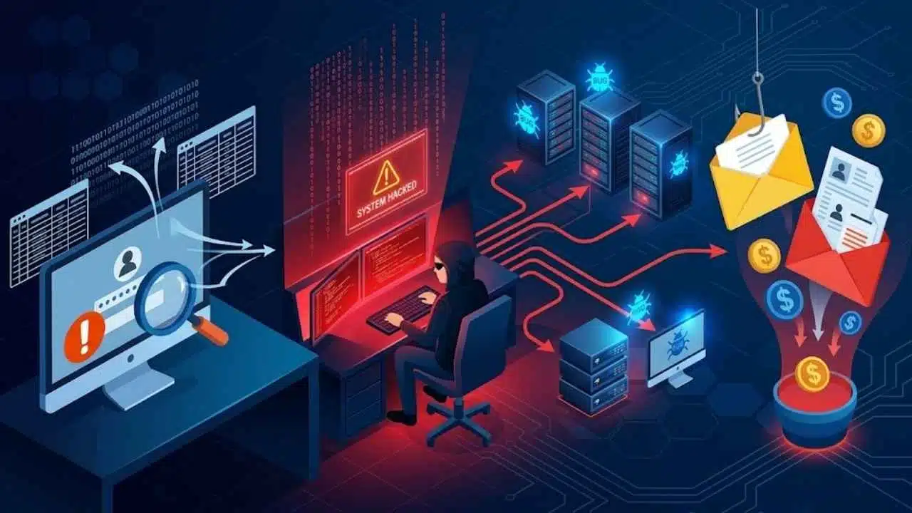 How data breaches happen through stolen credentials, compromised systems, network infiltration, and the theft of sensitive business information.
