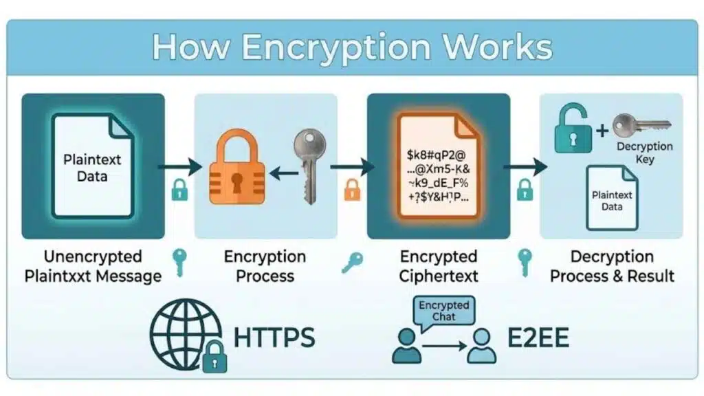 How Encryption Works infographic showing plaintext data being encrypted into ciphertext and then decrypted, with HTTPS and end-to-end encryption examples.