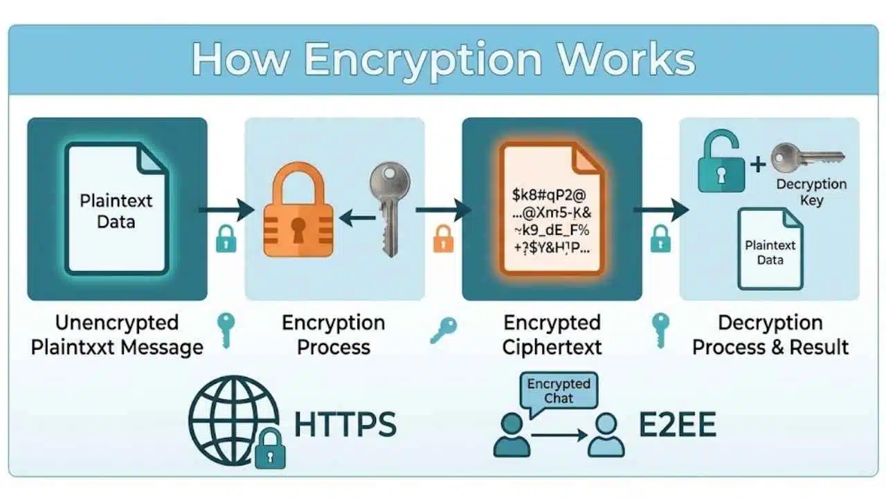 How Encryption Works infographic showing plaintext data being encrypted into ciphertext and then decrypted, with HTTPS and end-to-end encryption examples.