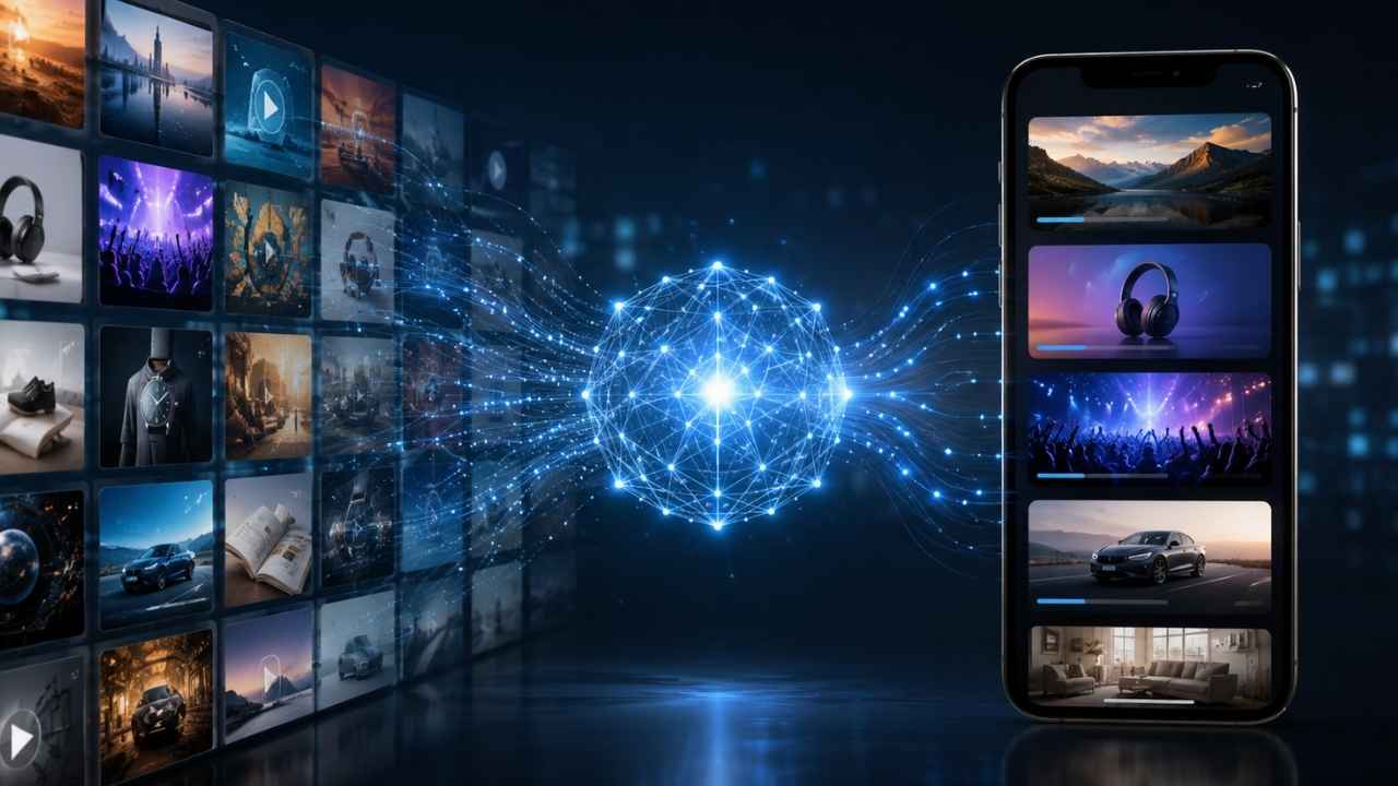 Digital network node illustrating how recommendation algorithms filter media content into a personalized smartphone feed.