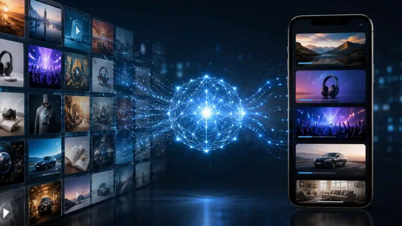Digital network node illustrating how recommendation algorithms filter media content into a personalized smartphone feed.
