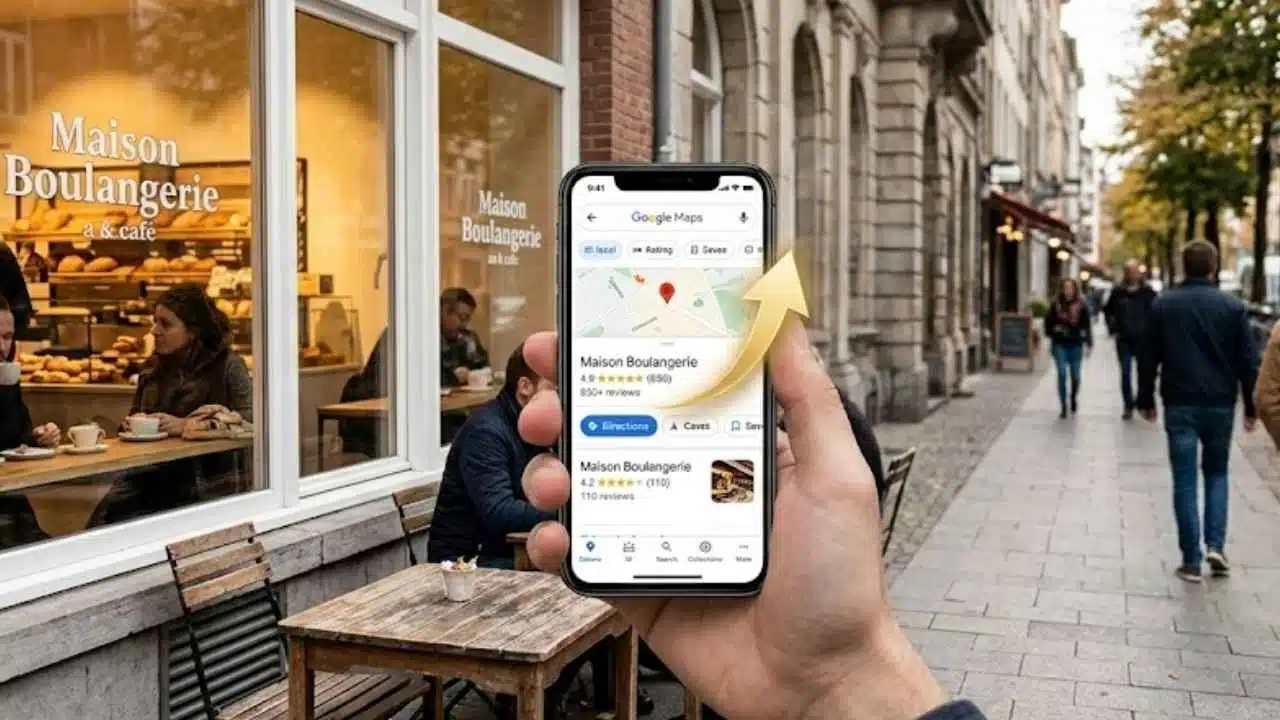 A user holding a phone showing Google Maps listings for a bakery with many five-star reviews, illustrating how reviews influence local rankings.