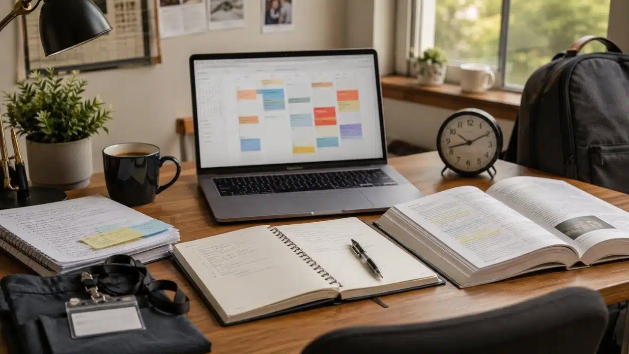 How to balance work and study shown through a student workspace with a weekly calendar, textbooks, notes, clock, and work essentials for managing both responsibilities.
