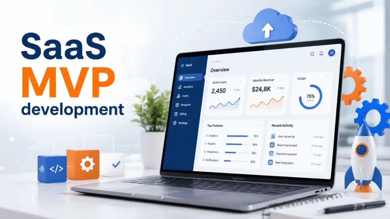 SaaS MVP development concept featuring a laptop UI, cloud storage icon, and rocket graphic.