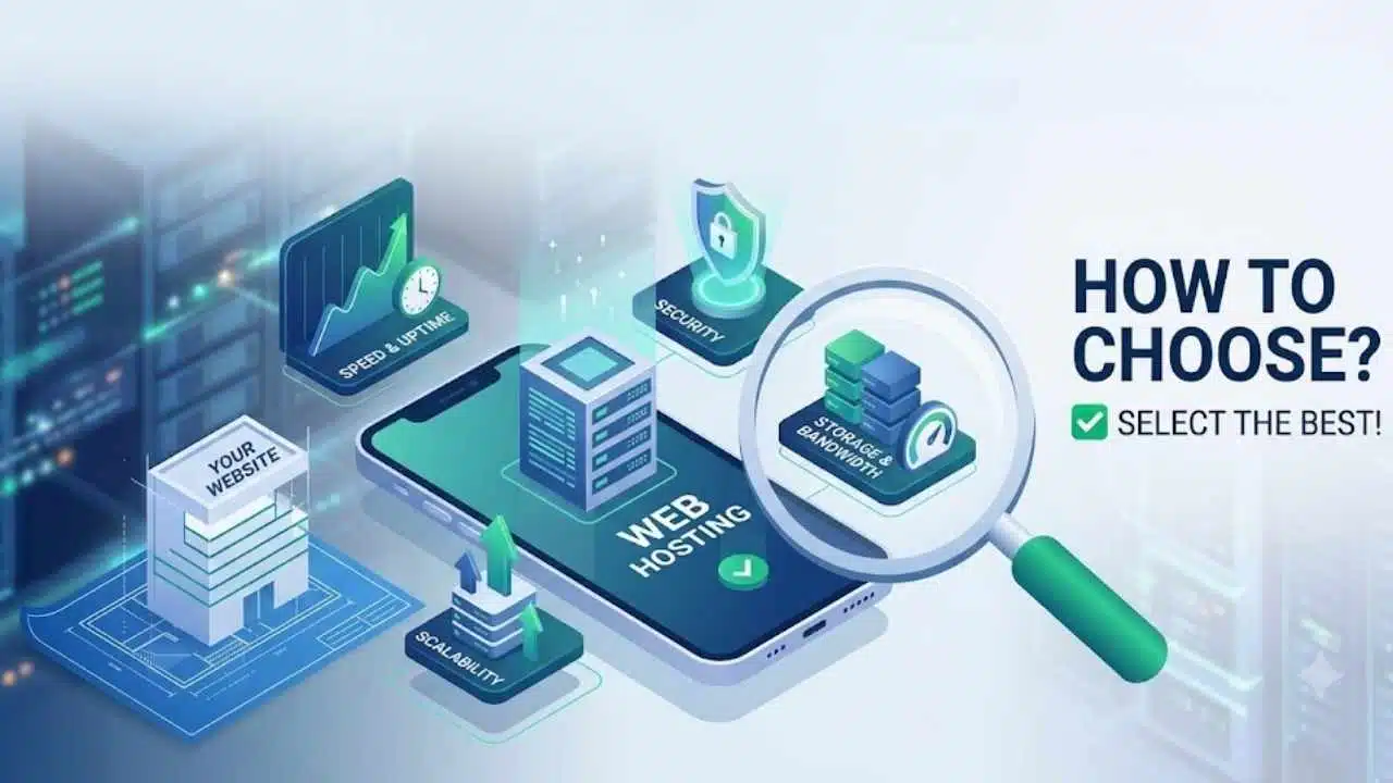 Isometric 3D graphic demonstrating how to choose web hosting before building a website, highlighting server features like speed, security, scalability, and storage.