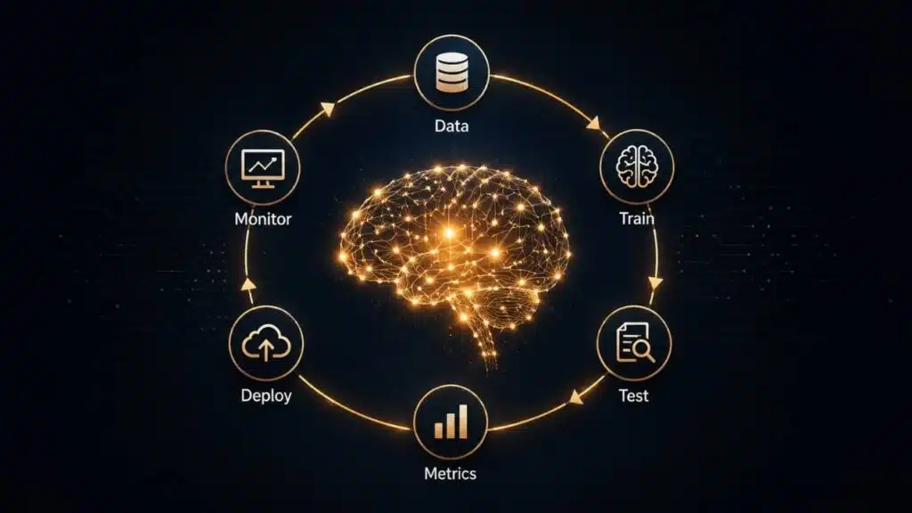 How to Evaluate an AI Model using data, training, testing, metrics, deployment, and monitoring stages.
